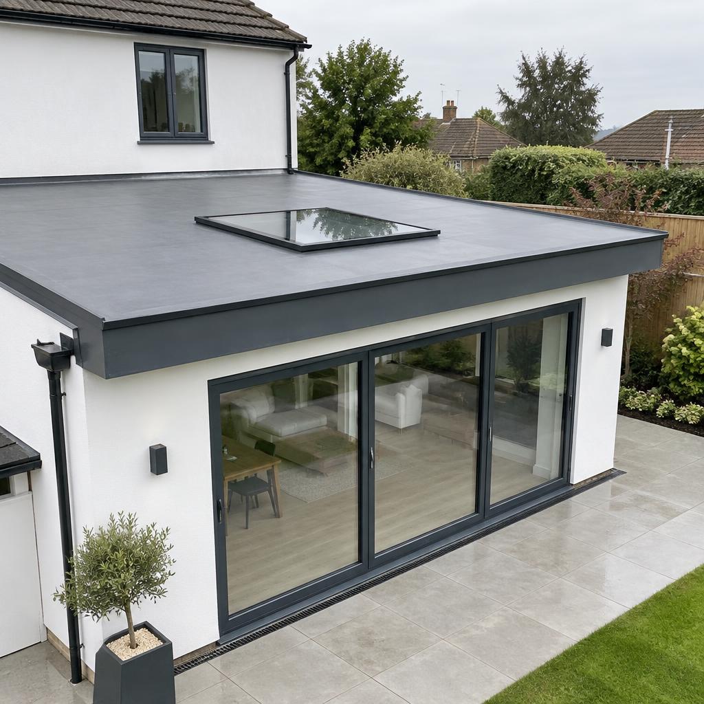 Slim flat glass rooflight fitted flush in a modern extension flat roof