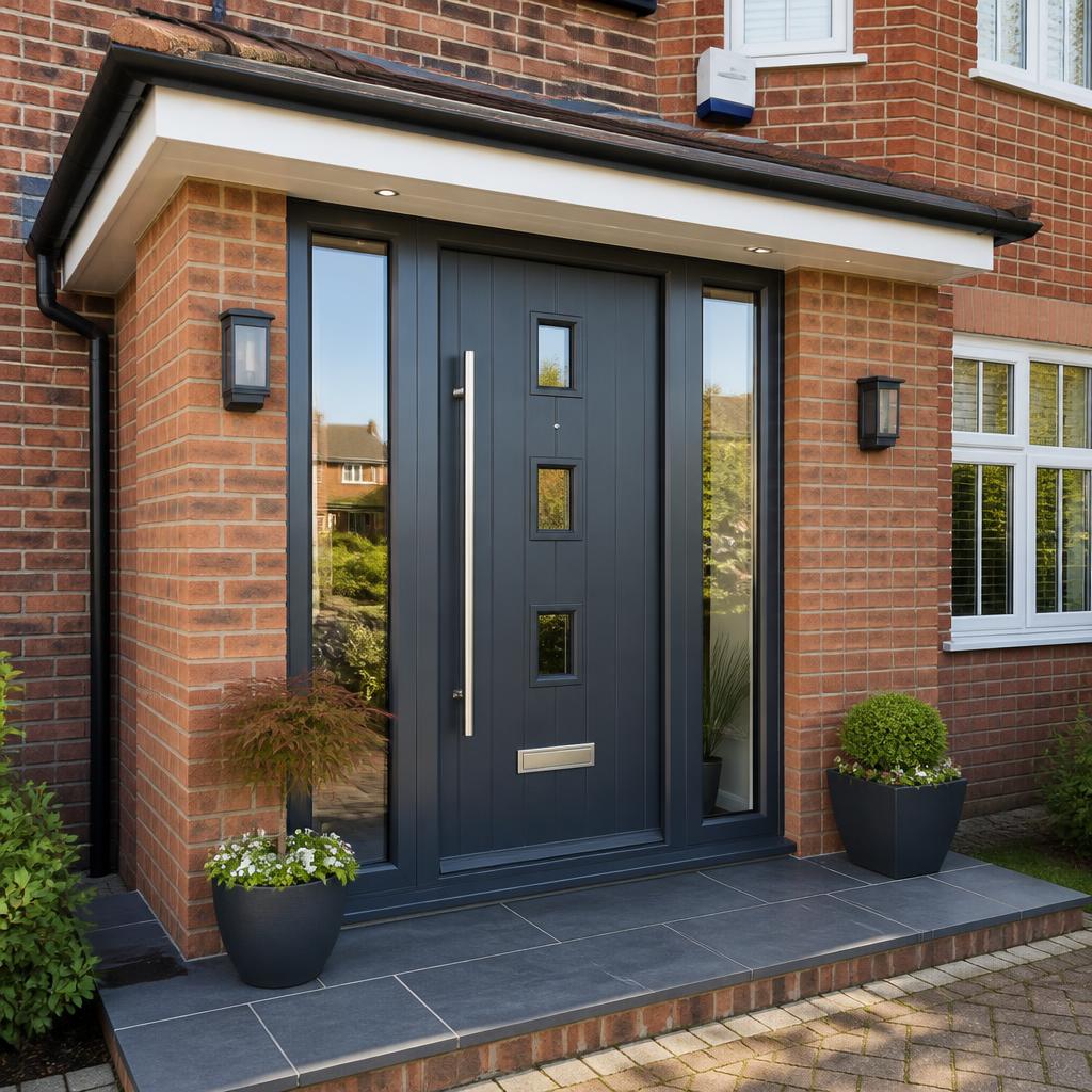 Anthracite grey composite front door in a brick porch extension