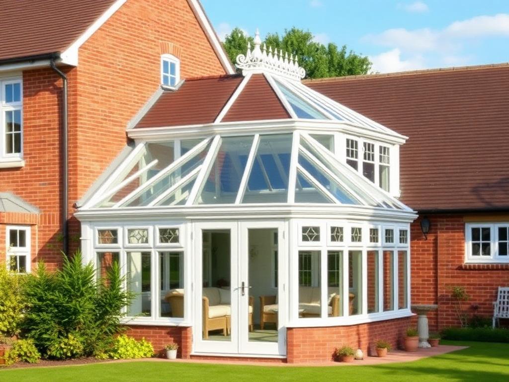 White uPVC Elizabethan conservatory with three-sided pitched roof