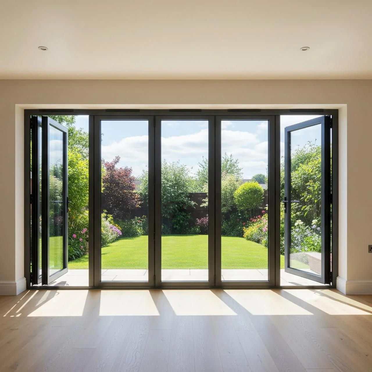 Dark framed bi-fold doors opening from a bright room to a garden