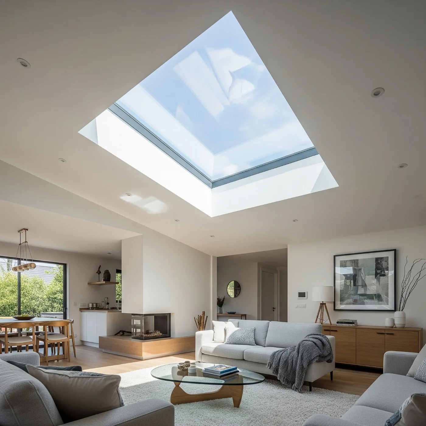 Large square rooflight bringing daylight into an open-plan living room