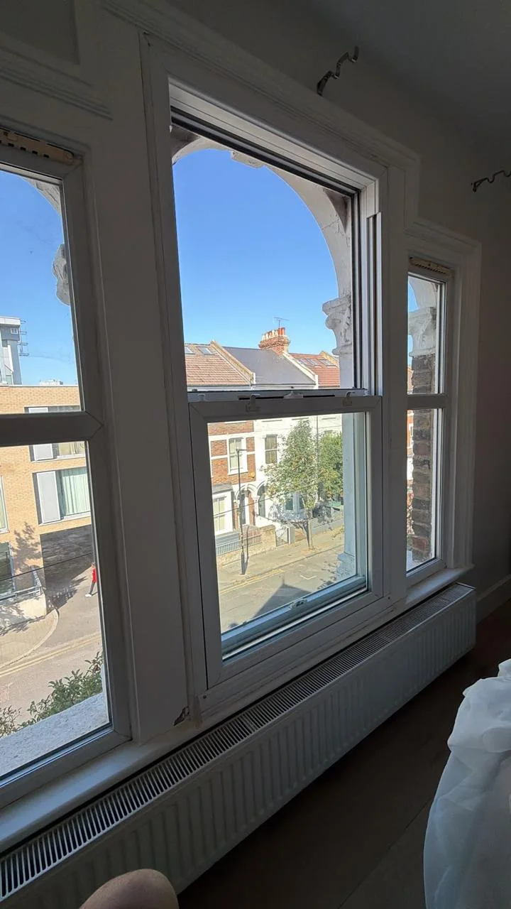 White multi-pane sash windows viewed from inside a home