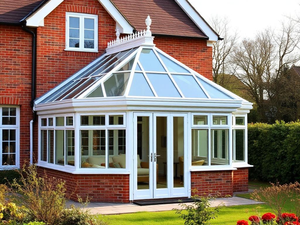White uPVC Regency gable-end conservatory on a brick British home