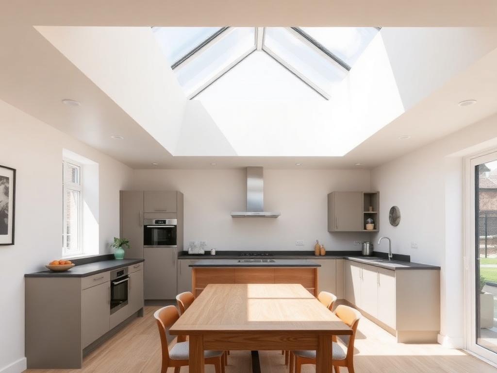 Minimal-profile flat rooflight over a modern kitchen extension