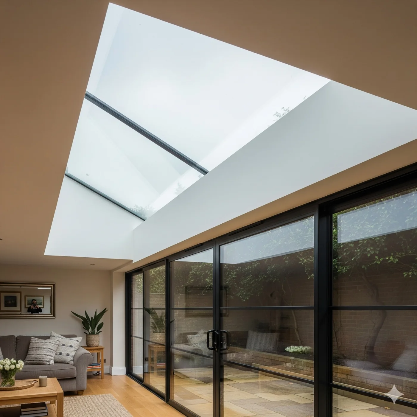 Long rooflight above a living space with black-framed sliding doors