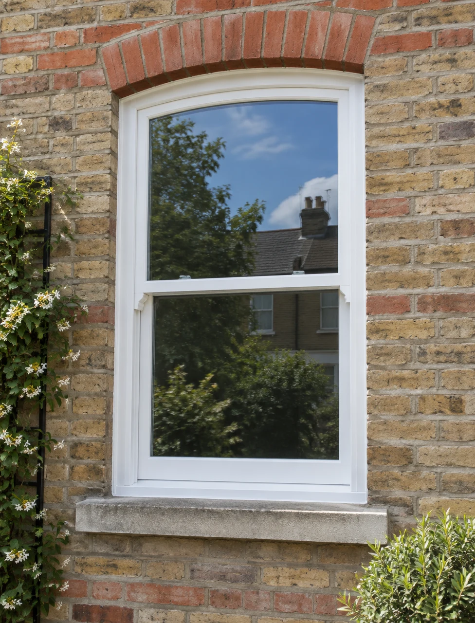 White uPVC sash window with an arched top fitted in a traditional brick exterior