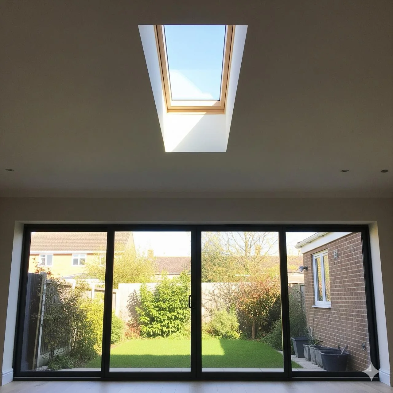 Single rooflight bringing daylight into a finished room with glazed doors