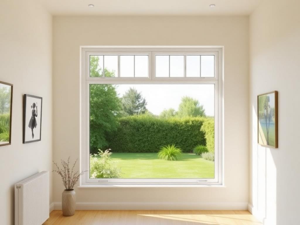 Large fixed picture window in a modern home overlooking a garden