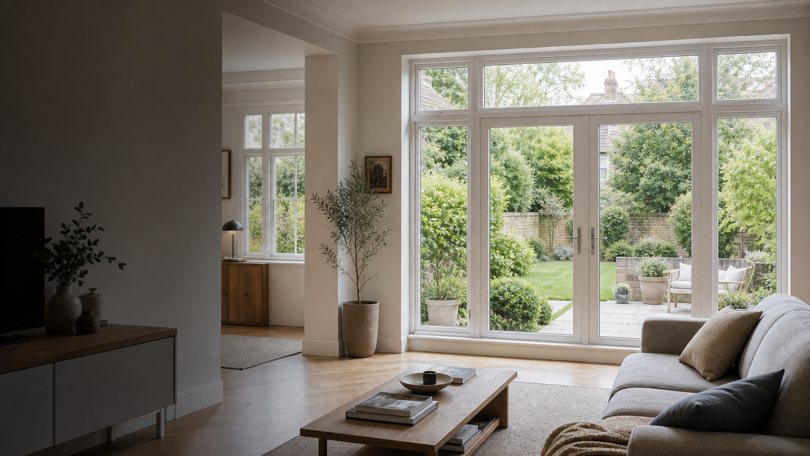 Bright British living room with new white-framed windows opening onto a garden