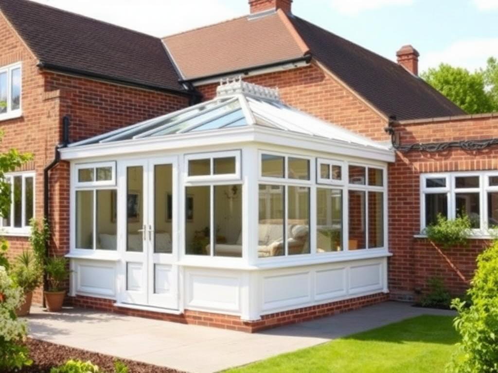 White uPVC T-shaped conservatory with central bay projection