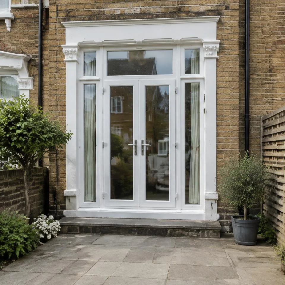 French doors installed at a traditional brick home in natural daylight