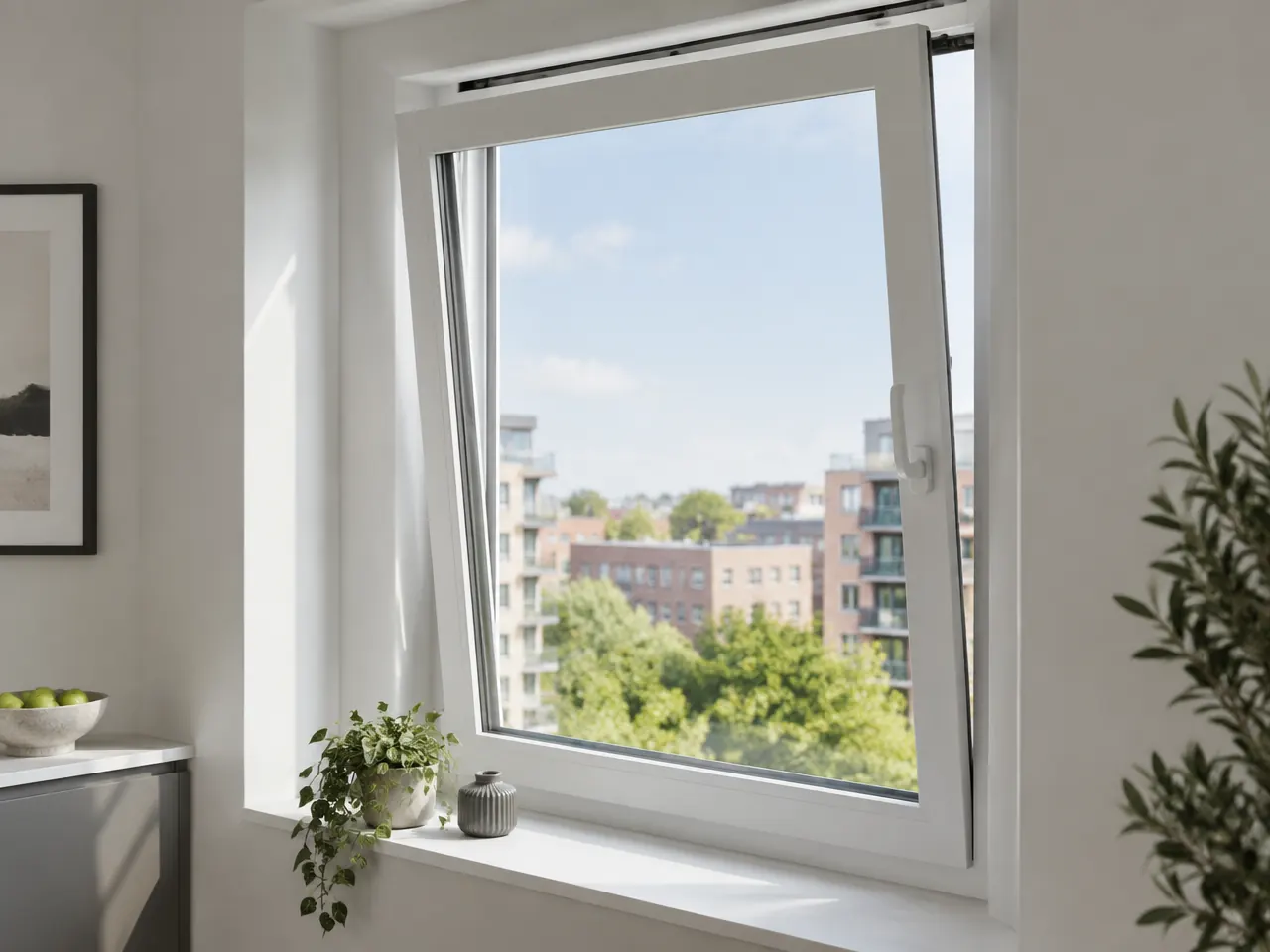 White uPVC tilt and turn window tilted inward at the top for ventilation