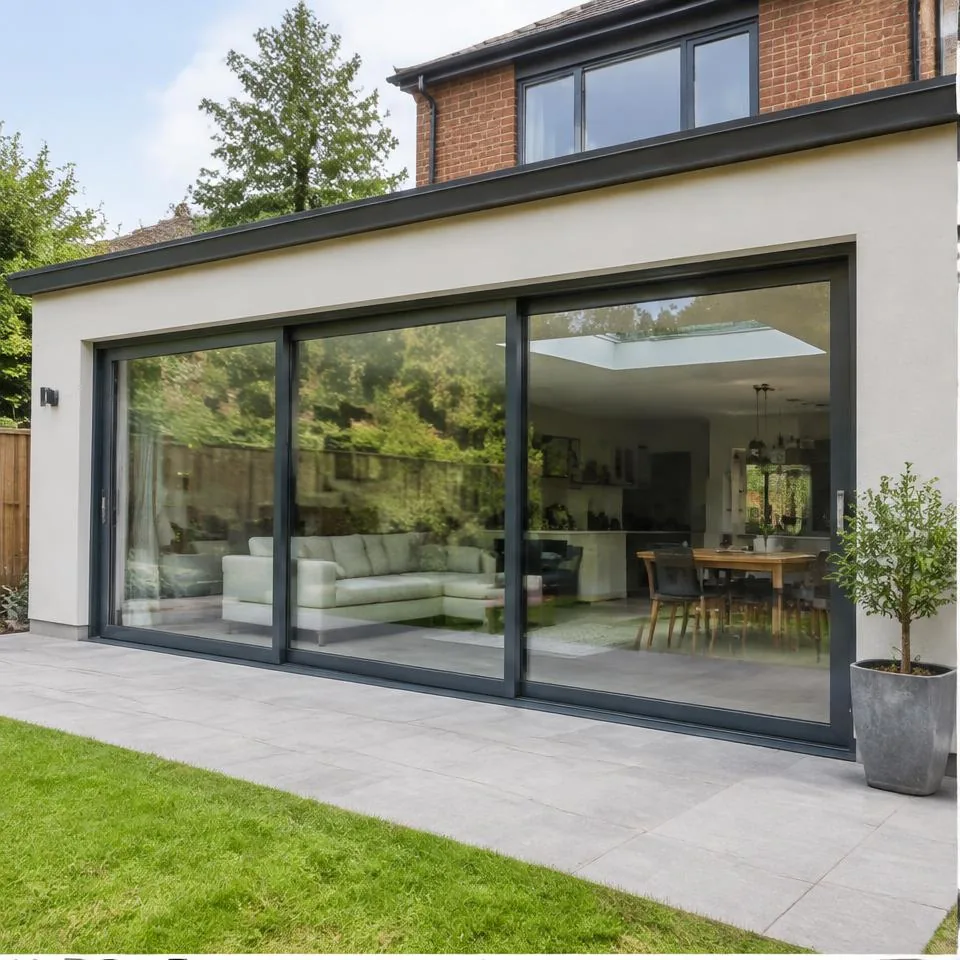 Sliding patio doors installed at a traditional brick home in natural daylight