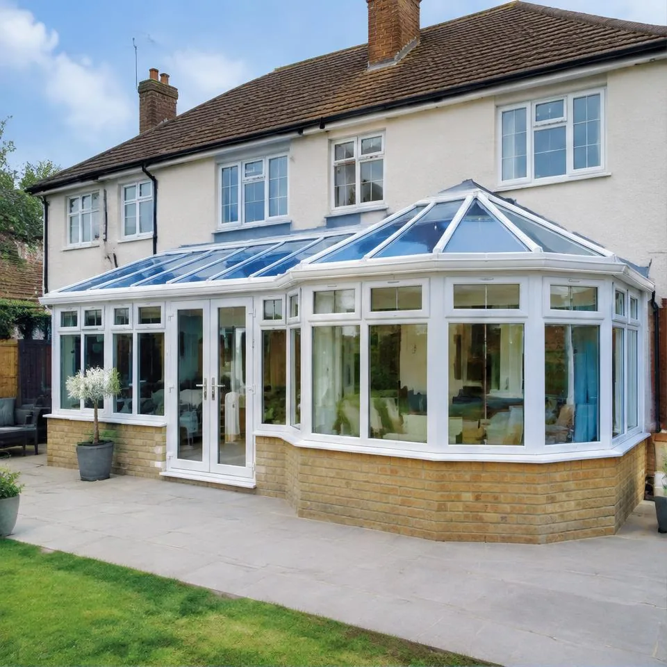 P-shaped conservatories installed at a traditional brick home in natural daylight