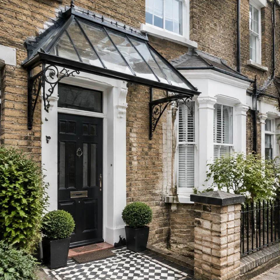 Classic canopies installed at a traditional brick home in natural daylight