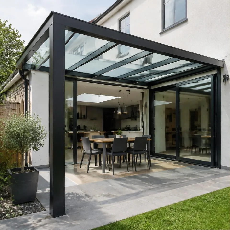 Nouveau canopies installed at a traditional brick home in natural daylight