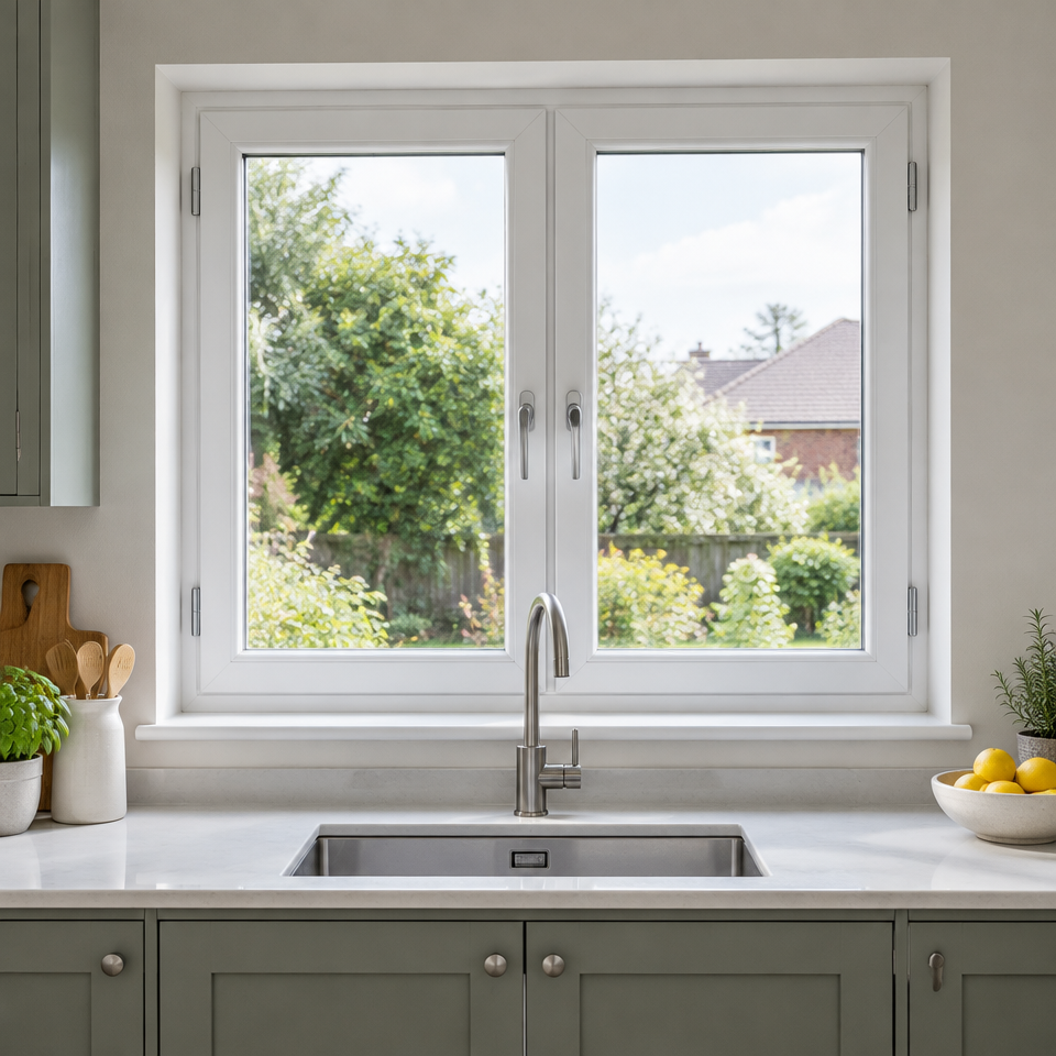 White side-hinged casement windows above a kitchen worktop