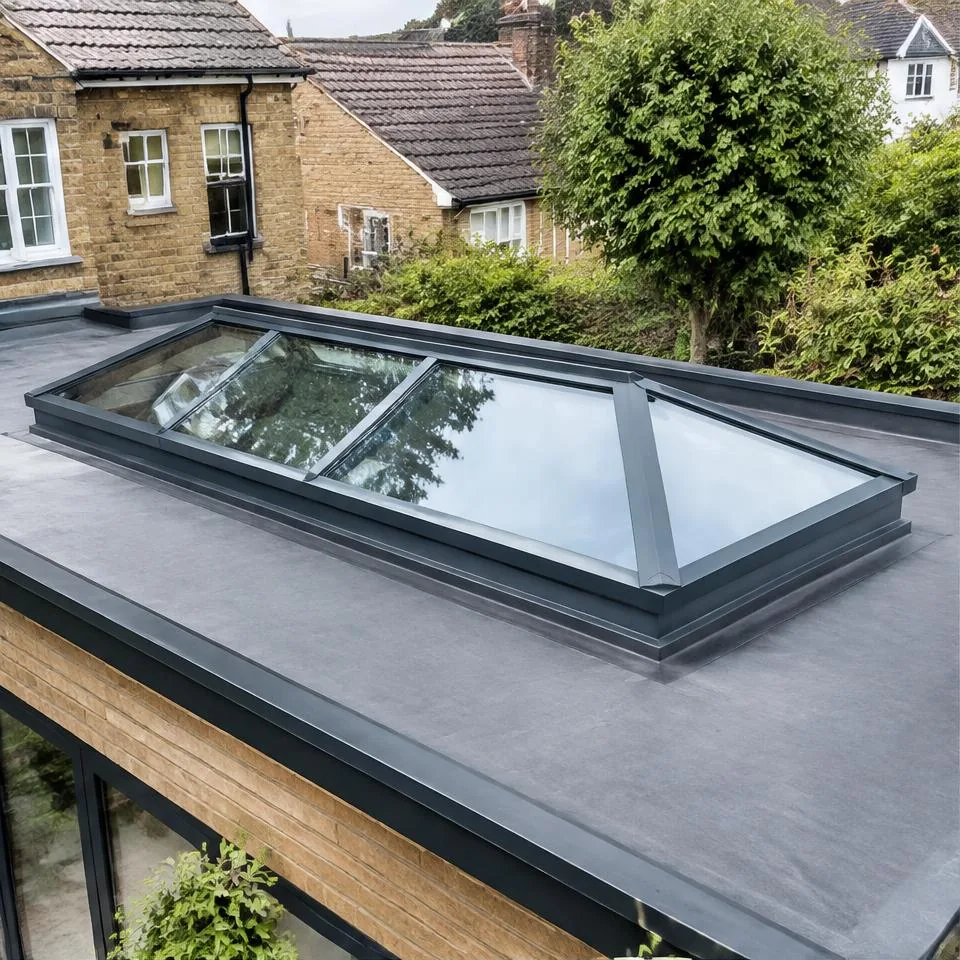 Roof lantern skylights installed at a traditional brick home in natural daylight