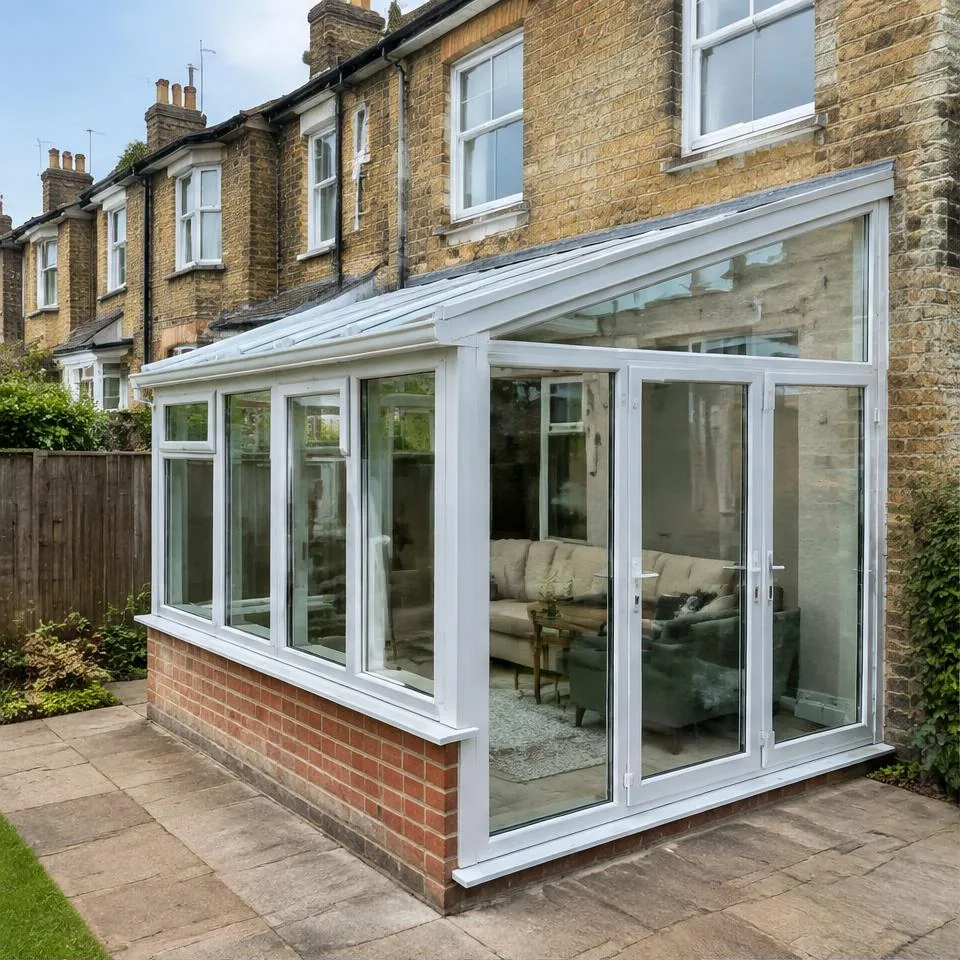 Lean-to conservatories installed at a traditional brick home in natural daylight