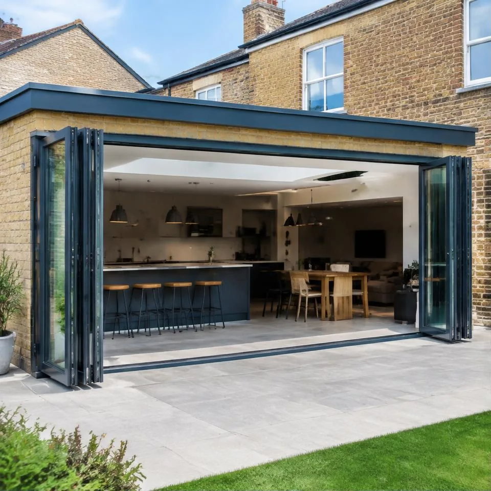 Bi-fold doors installed at a traditional brick home in natural daylight