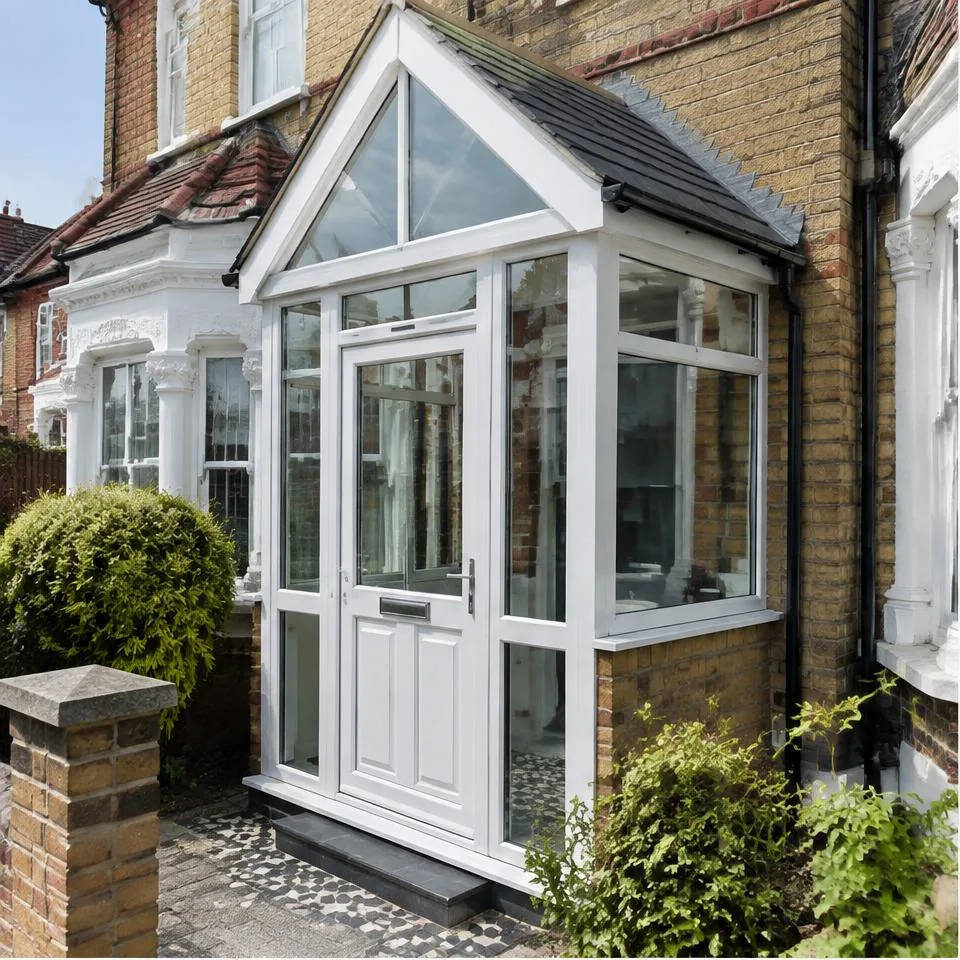 Enclosed entrance porches installed at a traditional brick home in natural daylight