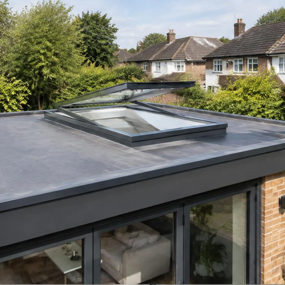 Opening skylights installed at a traditional brick home in natural daylight