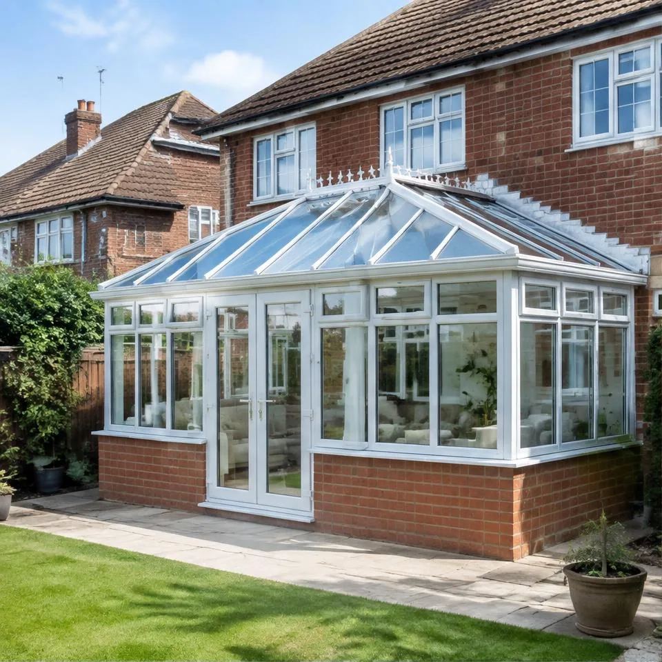 Elizabethan conservatories installed at a traditional brick home in natural daylight
