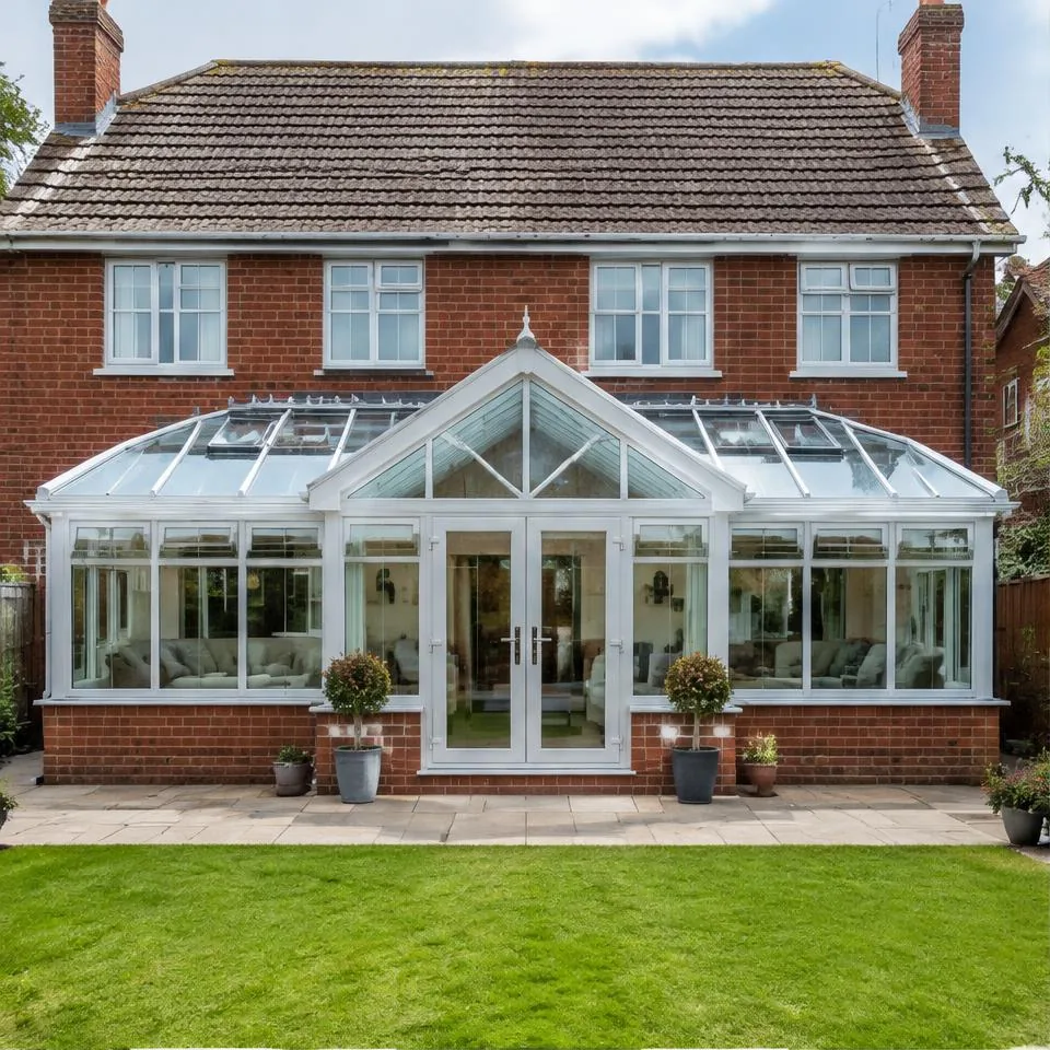 T-shaped conservatories installed at a traditional brick home in natural daylight
