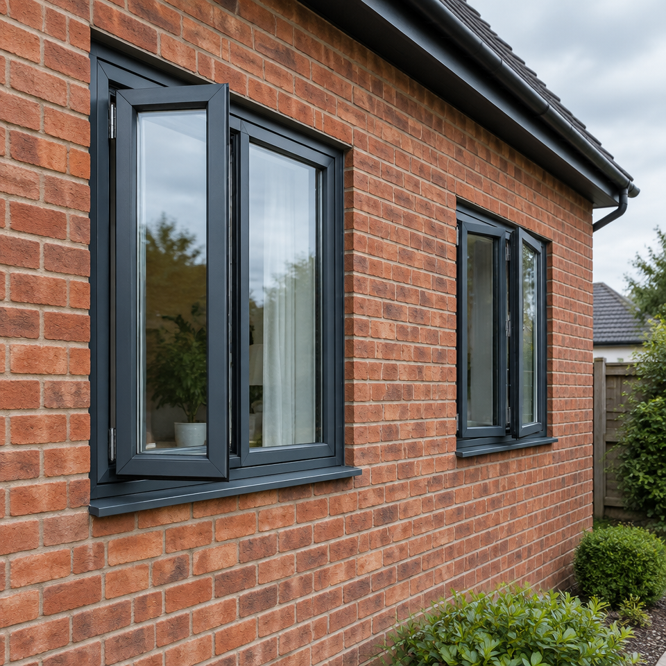 Dark grey side-hinged casement windows fitted in a brick wall