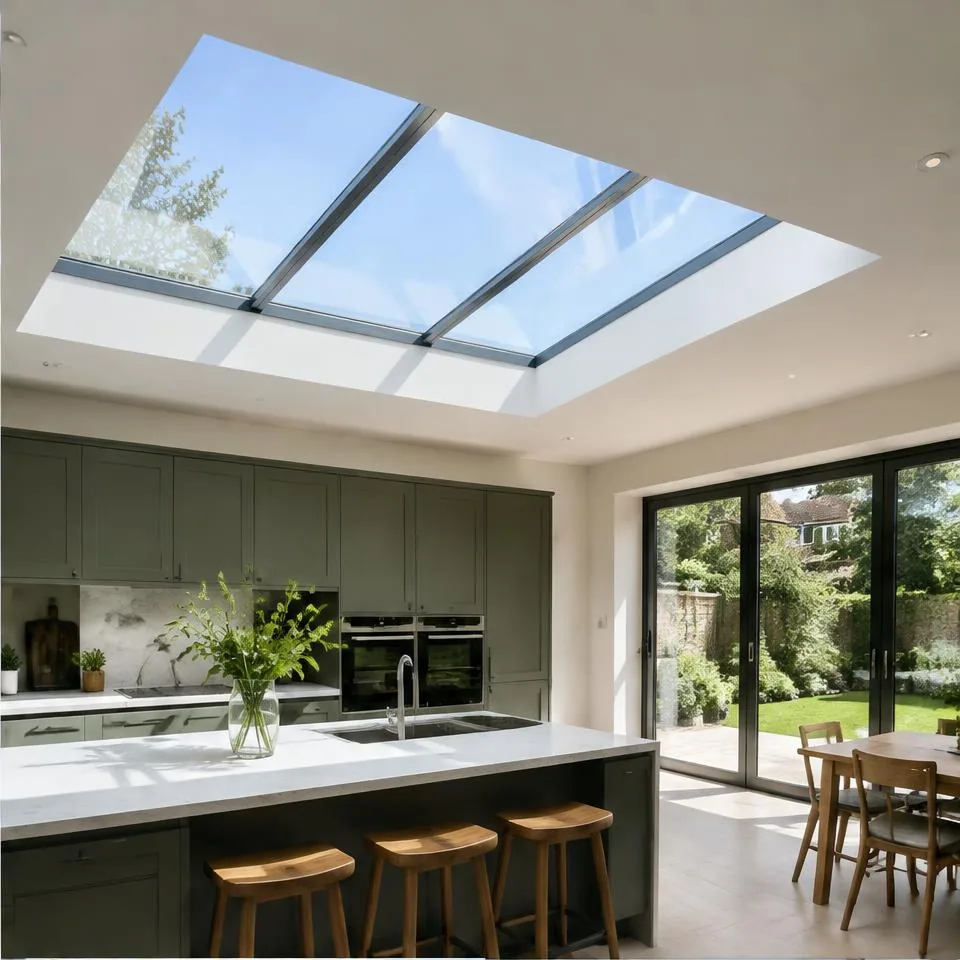 Flat linked glass skylights installed at an Edwardian semi-detached home in natural daylight
