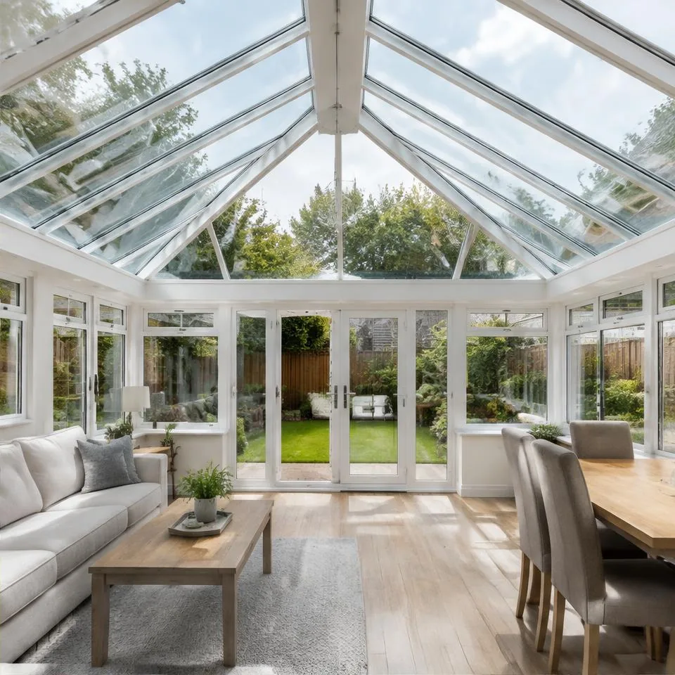 T-shaped conservatories installed at an Edwardian semi-detached home in natural daylight