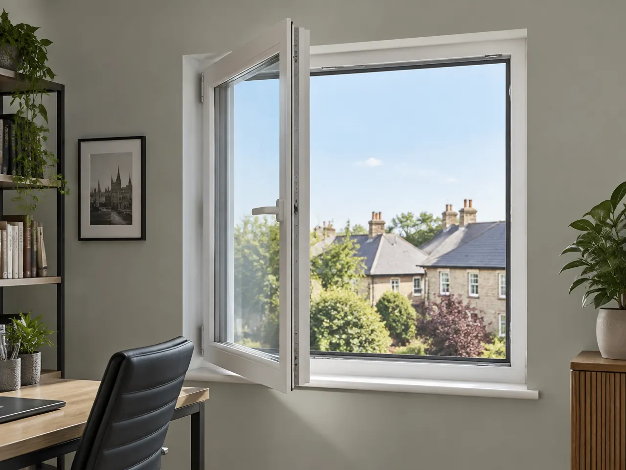 White uPVC tilt and turn window opened inward from the side in a home office