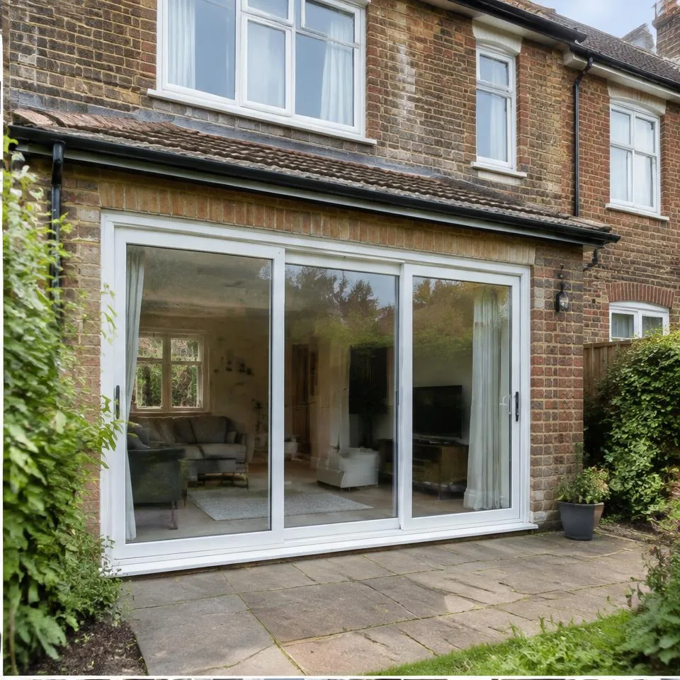 Sliding patio doors installed at an Edwardian semi-detached home in natural daylight