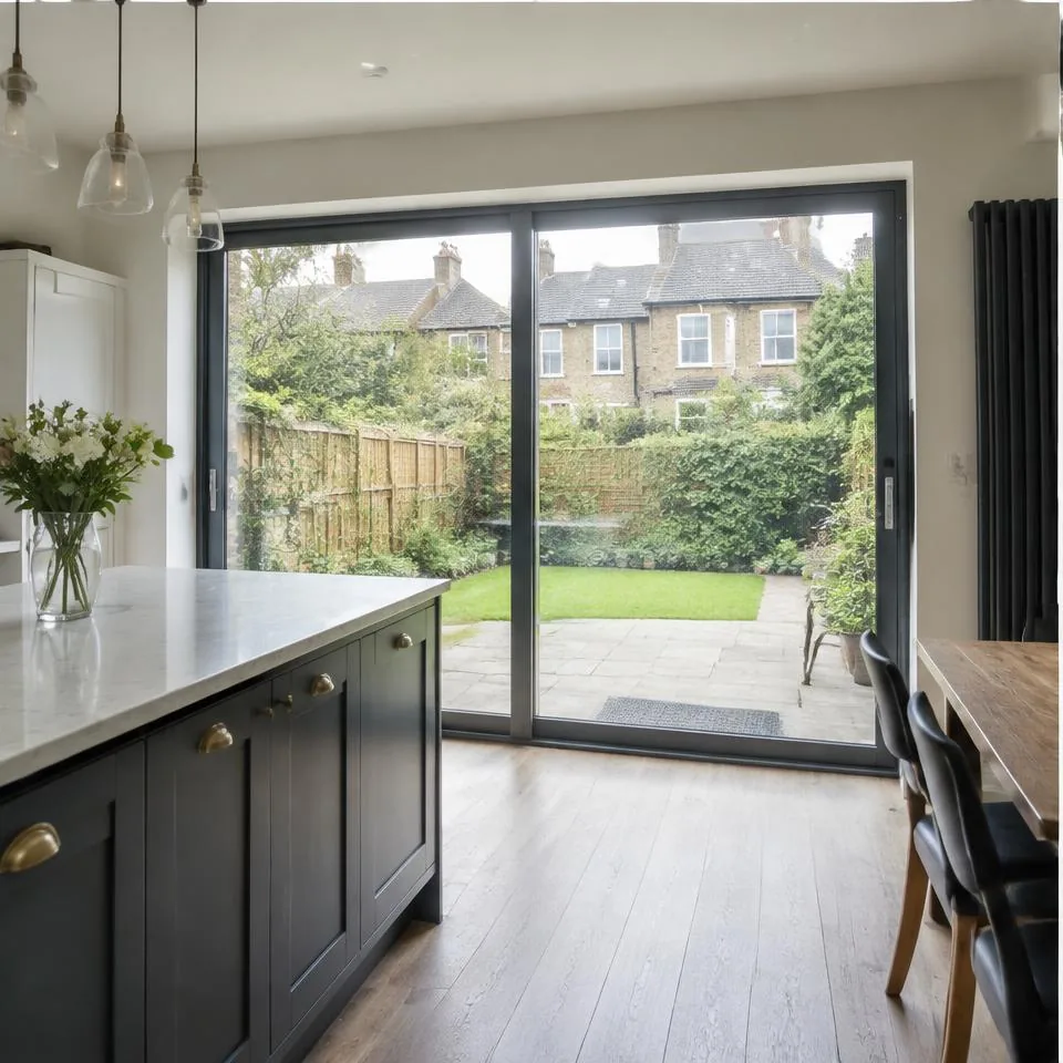 Sliding patio doors installed at a 1930s semi-detached home in natural daylight