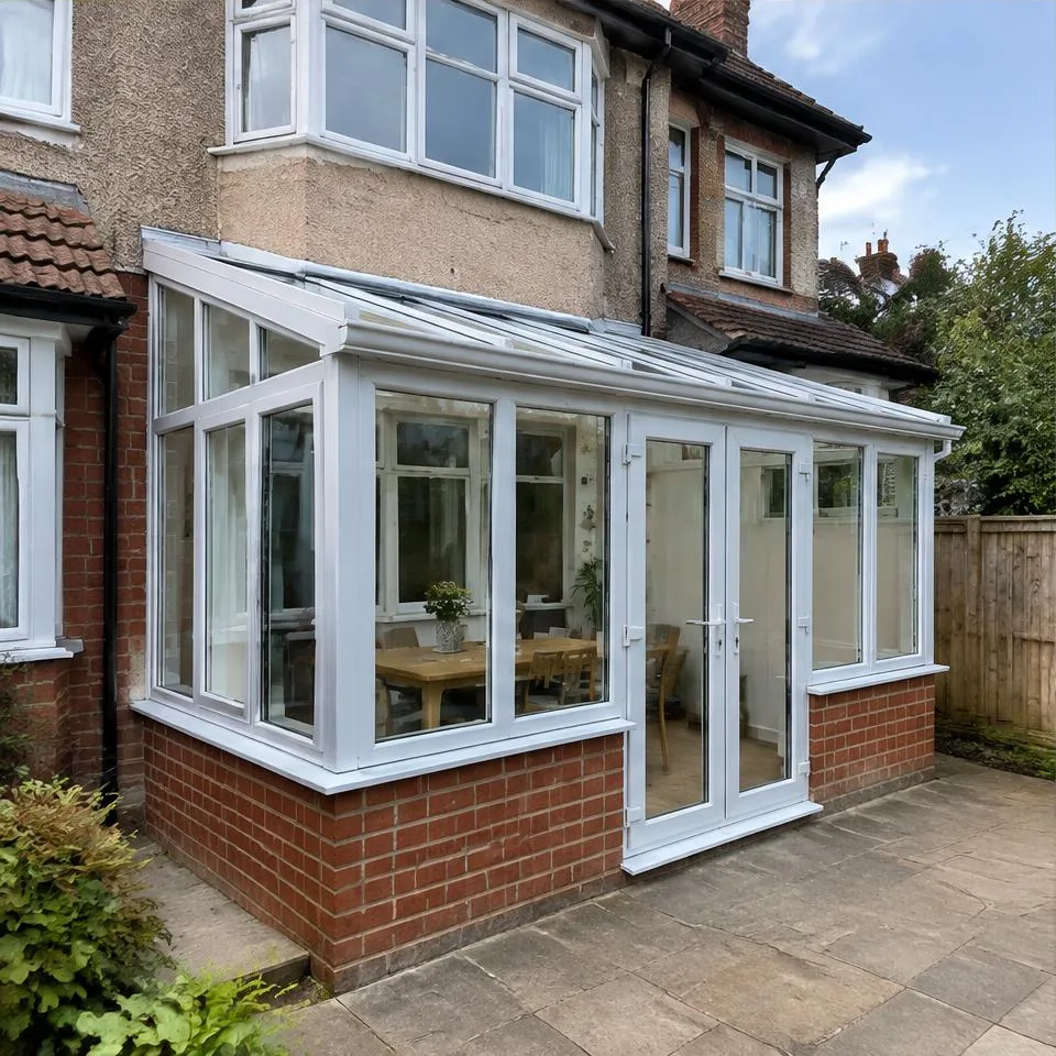 Lean-to conservatories installed at a 1930s semi-detached home in natural daylight