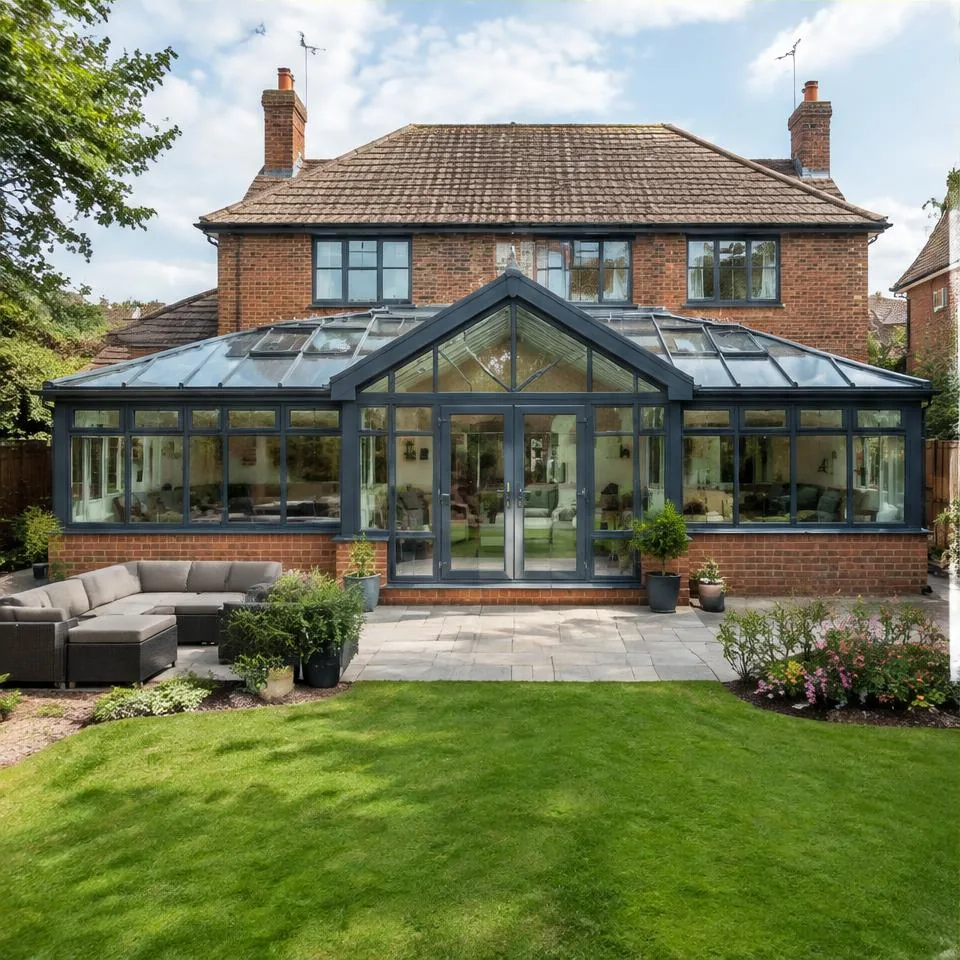 T-shaped conservatories installed at a 1930s semi-detached home in natural daylight