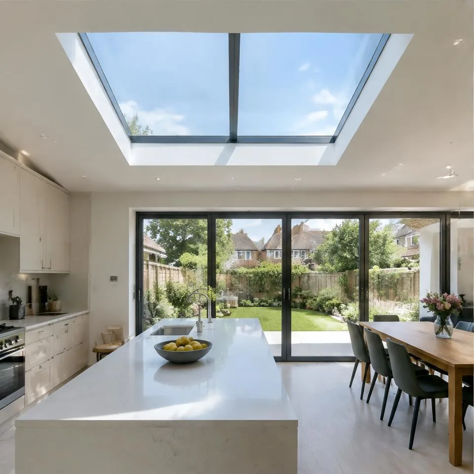 Flat linked glass skylights installed at a 1930s semi-detached home in natural daylight