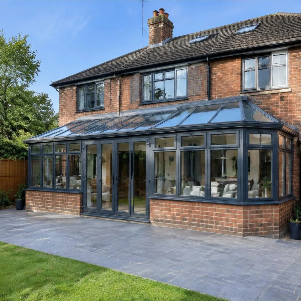 P-shaped conservatories installed at a 1930s semi-detached home in natural daylight