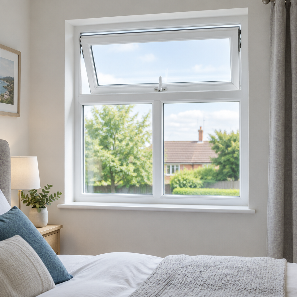 White casement window with a top-opening ventilation section