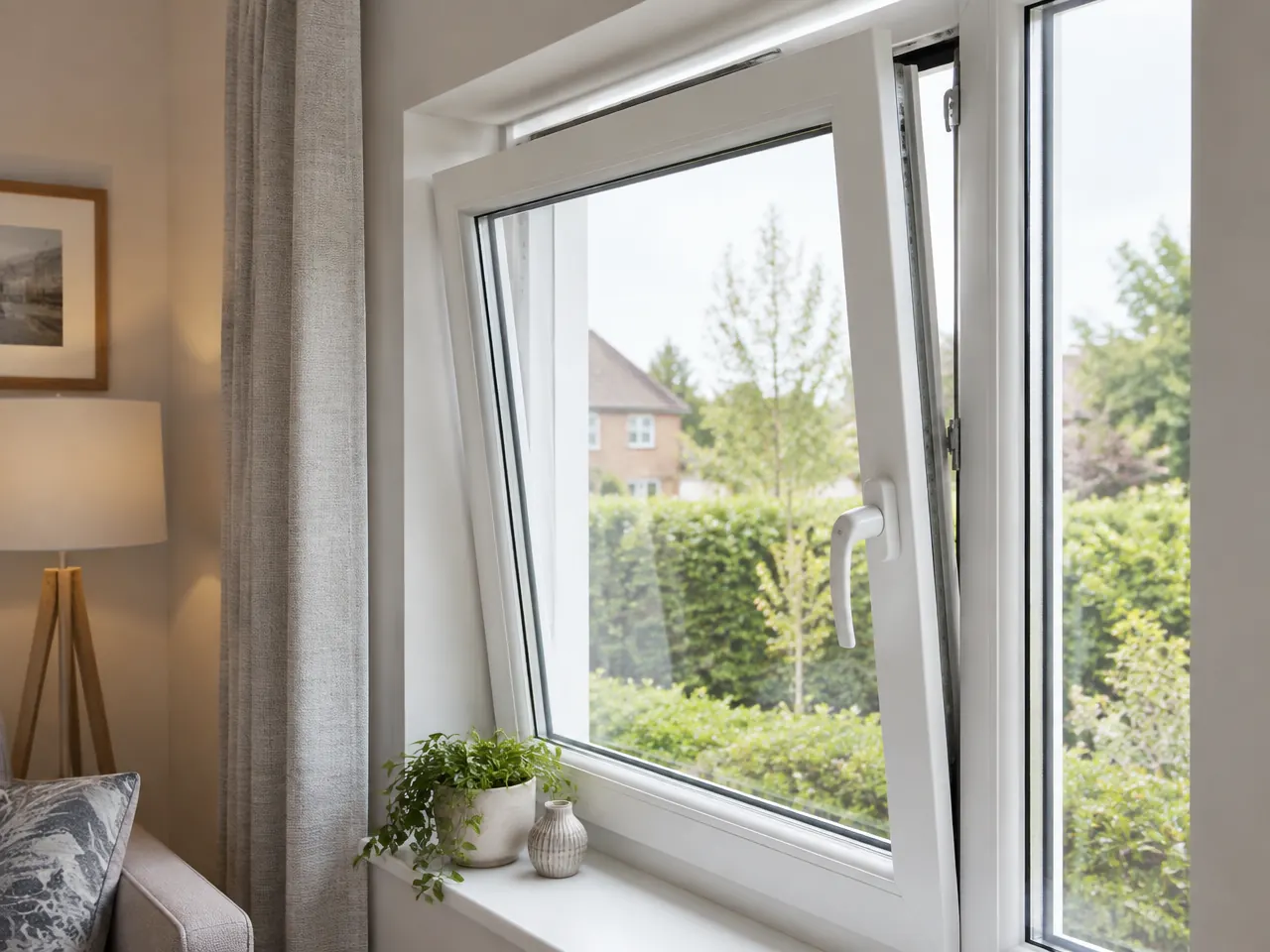 Close interior view of a white uPVC tilt and turn window in ventilation mode