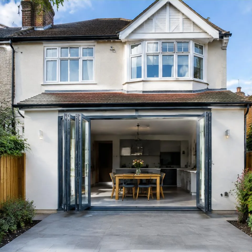 Bi-fold doors installed at a 1930s semi-detached home in natural daylight