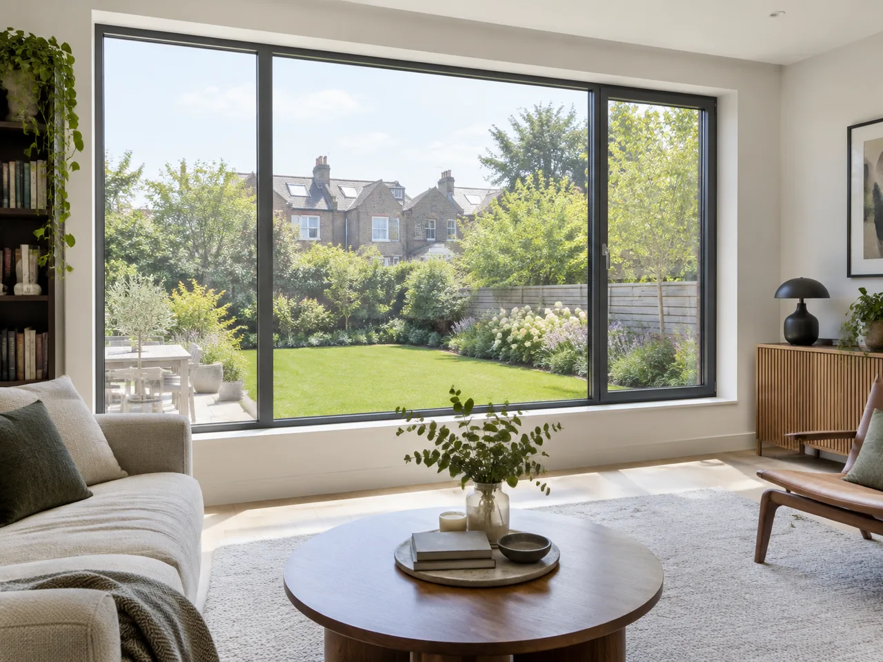 Interior view of a slim grey aluminium window bringing daylight into a living room