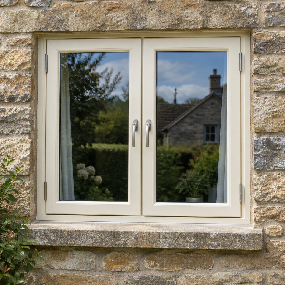 Cream side-hinged casement windows in a stone cottage wall