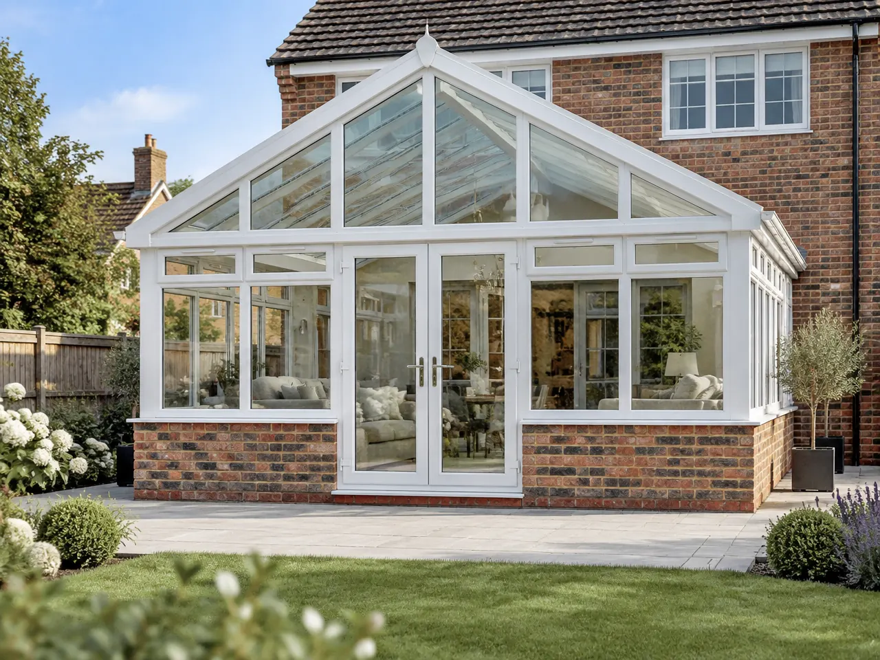 White Regency conservatory with a full-height triangular glazed gable