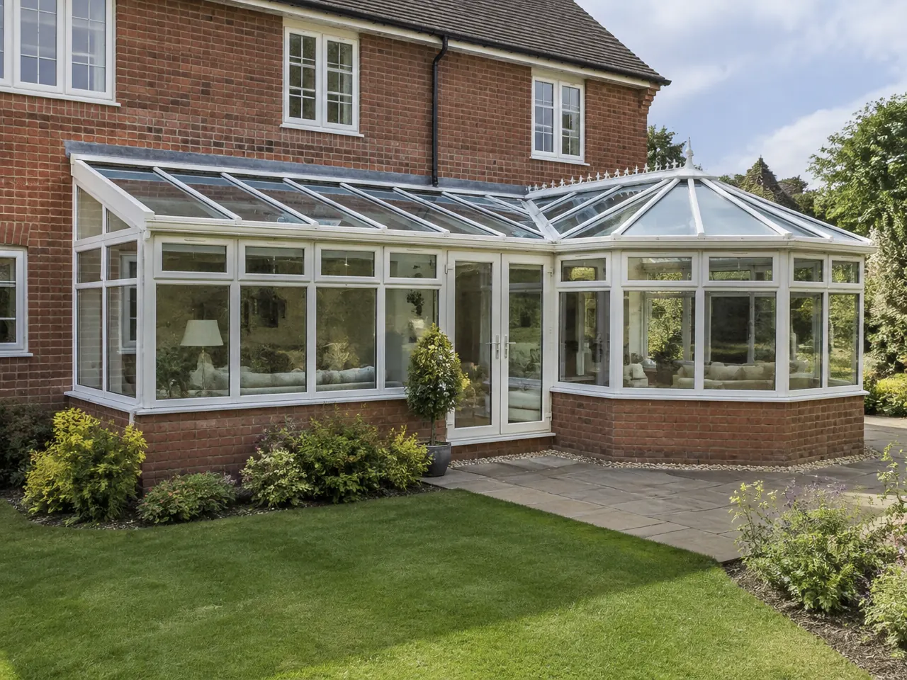 Wide P-shaped conservatory showing two connected glazed zones