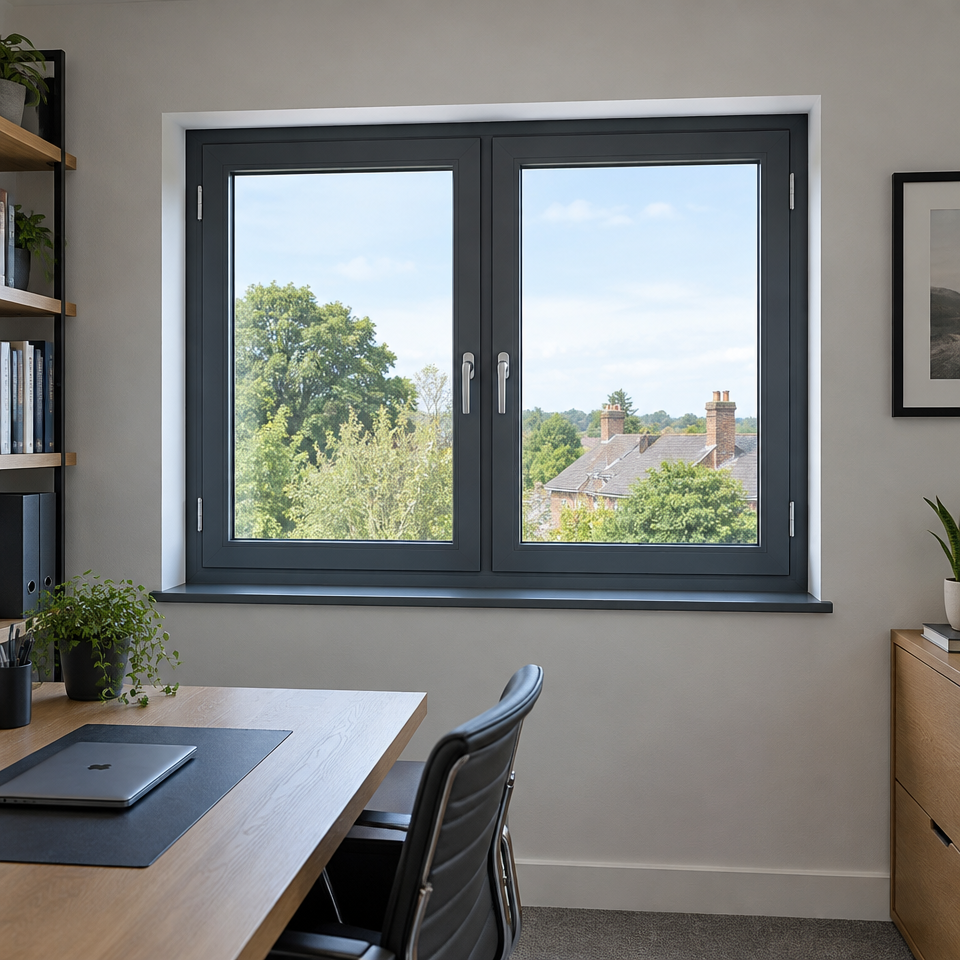 Dark grey side-hinged casement windows in a home office