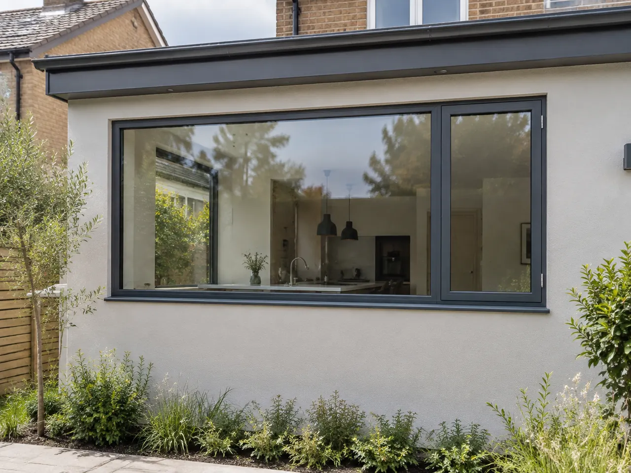 Slim anthracite aluminium picture window with a narrow opening casement