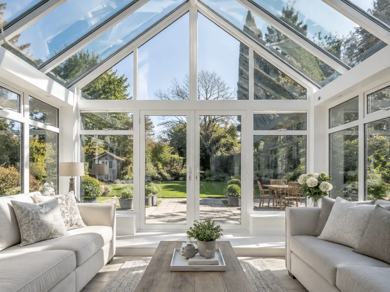 Interior view towards the tall glazed gable of a Regency conservatory