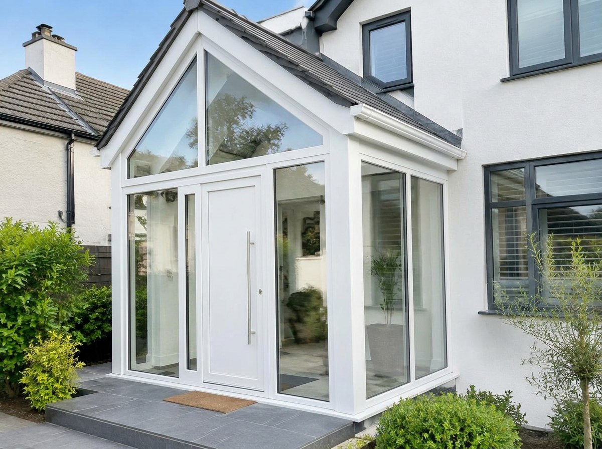 Bespoke white uPVC porch with a pitched glazed gable and full-height side glazing