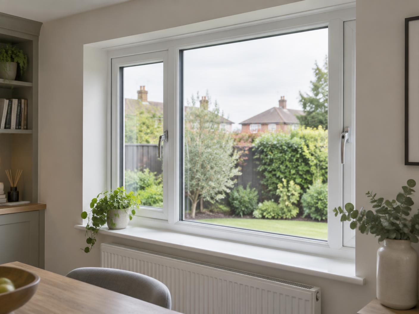 White uPVC casement windows overlooking a landscaped British garden